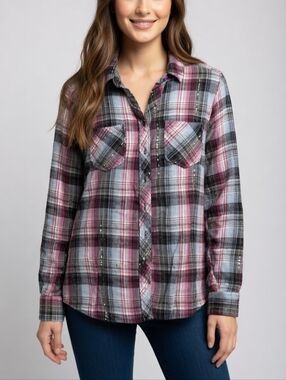 Women's Plaid Button-Down Shirt in Pink, Gray & Black